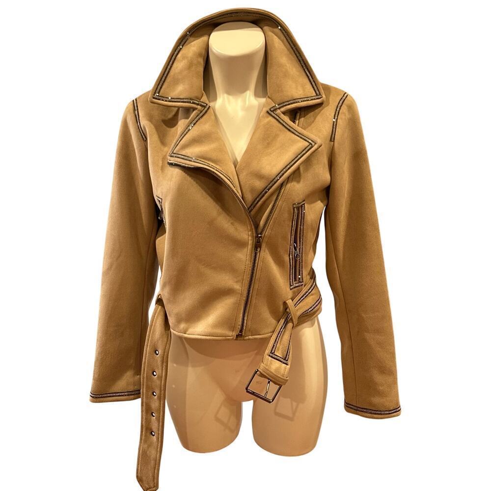 Zara Tan Faux Suede Rhinestone Trim Belted Cropped Moto Jacket Small